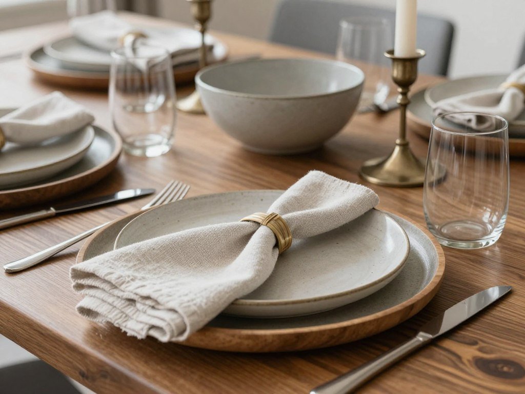 A dining table styled with mixed textures including linen, ceramic, wood, and metal elements