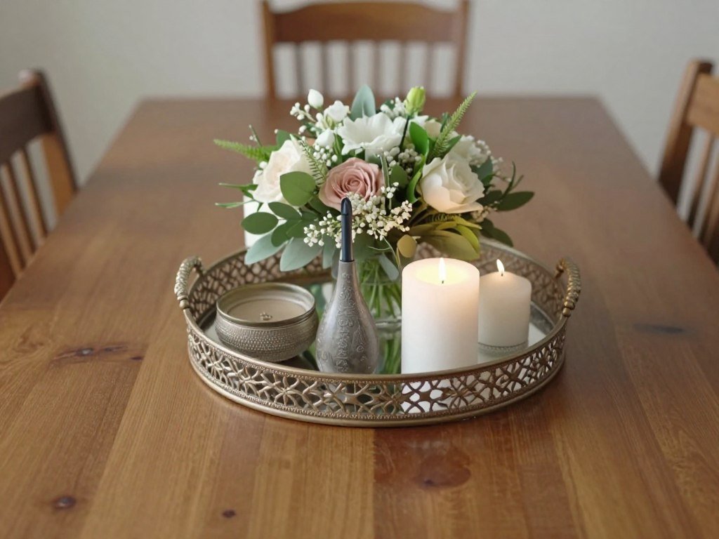 A dining table with a centerpiece on a tray that can be easily moved to create space for serving dishes