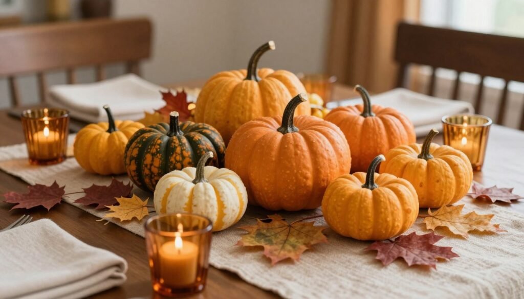 A dining table with a fall centerpiece featuring mini pumpkins, autumn leaves, and amber glass candle holders on a natural linen runner