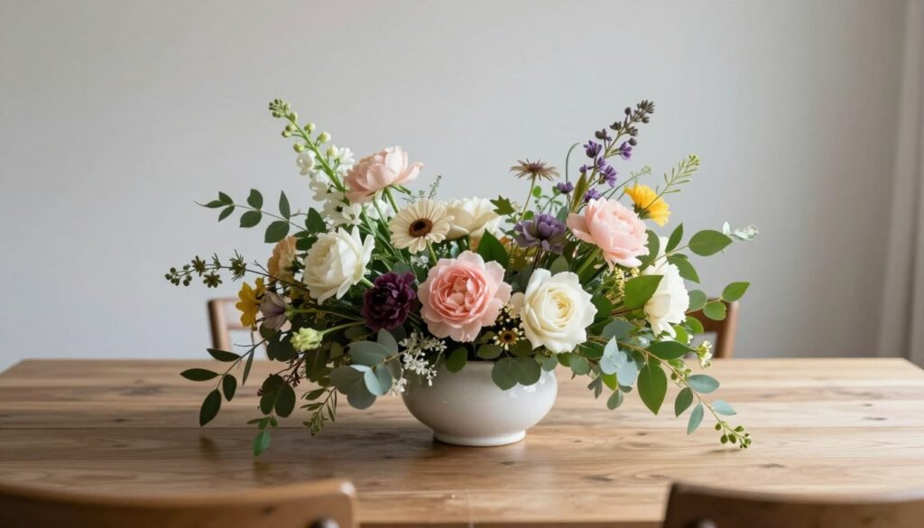 A dining table with a stunning low floral centerpiece featuring seasonal blooms in a ceramic vase