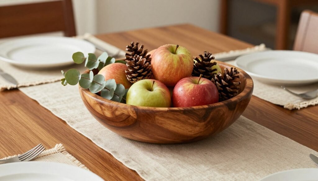 A dining table with seasonal decor featuring a wooden bowl filled with seasonal fruits, pinecones, and greenery on a neutral runner