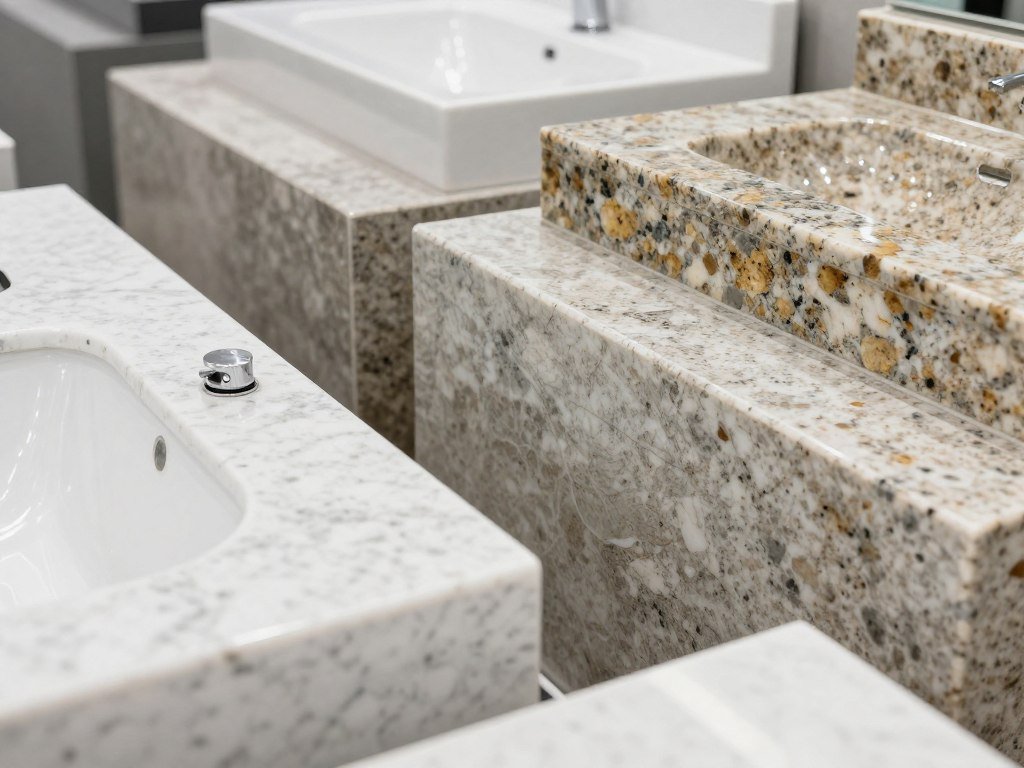 A display of different bathroom vanity countertop materials including quartz, marble, granite, and solid surface