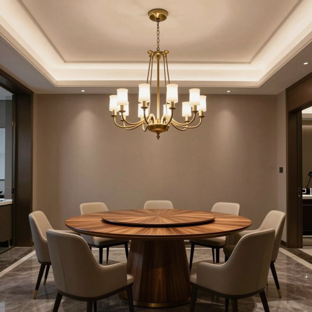 A dramatic chandelier hanging above a circle dining table creating perfect symmetry