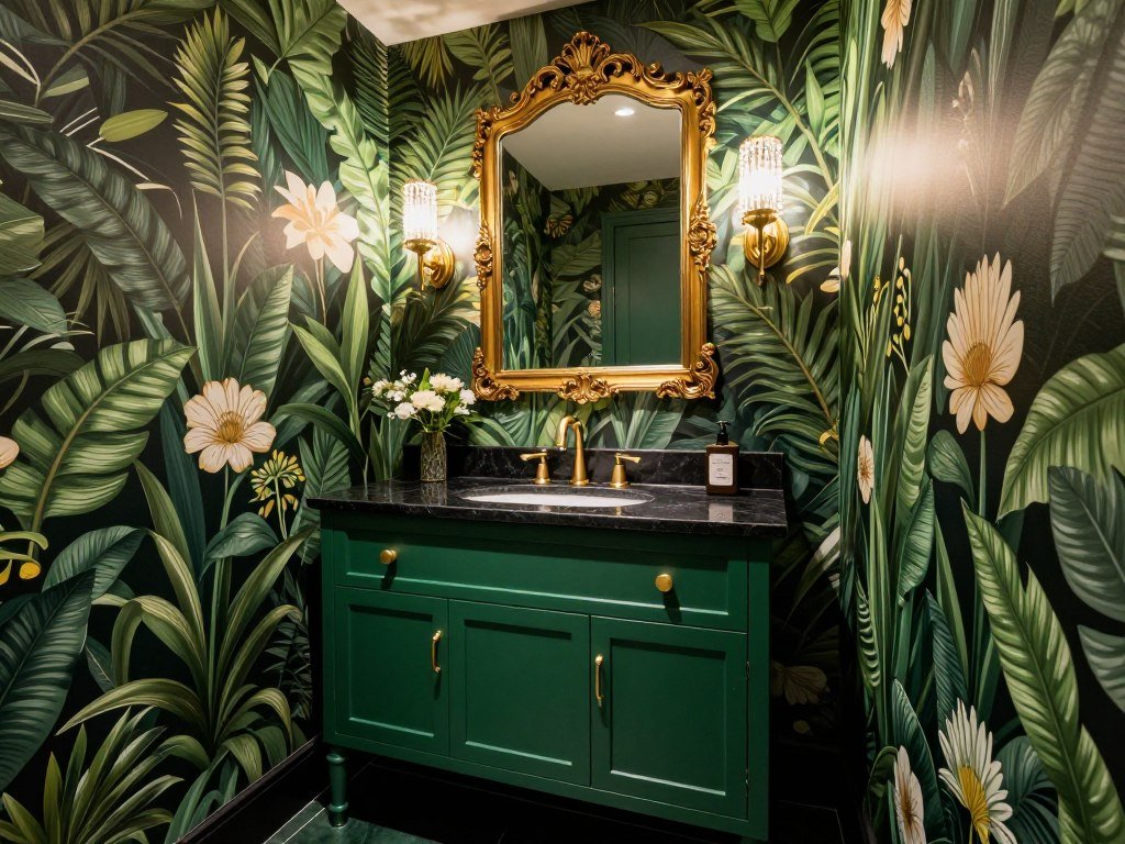 A dramatic powder room with forest green vanity, gold accents, and botanical wallpaper