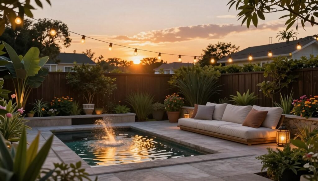 A dreamy backyard at sunset with all elements harmoniously combined - lighting, water features, comfortable seating, and lush plants A dreamy backyard at sunset with all elements harmoniously combined - lighting, water features, comfortable seating, and lush plants