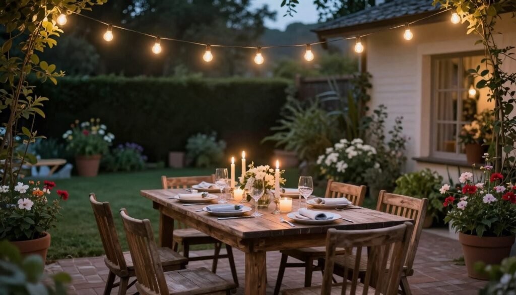 A dreamy backyard dining area with a rustic table set for dinner under string lights and surrounded by flowers A dreamy backyard dining area with a rustic table set for dinner under string lights and surrounded by flowers