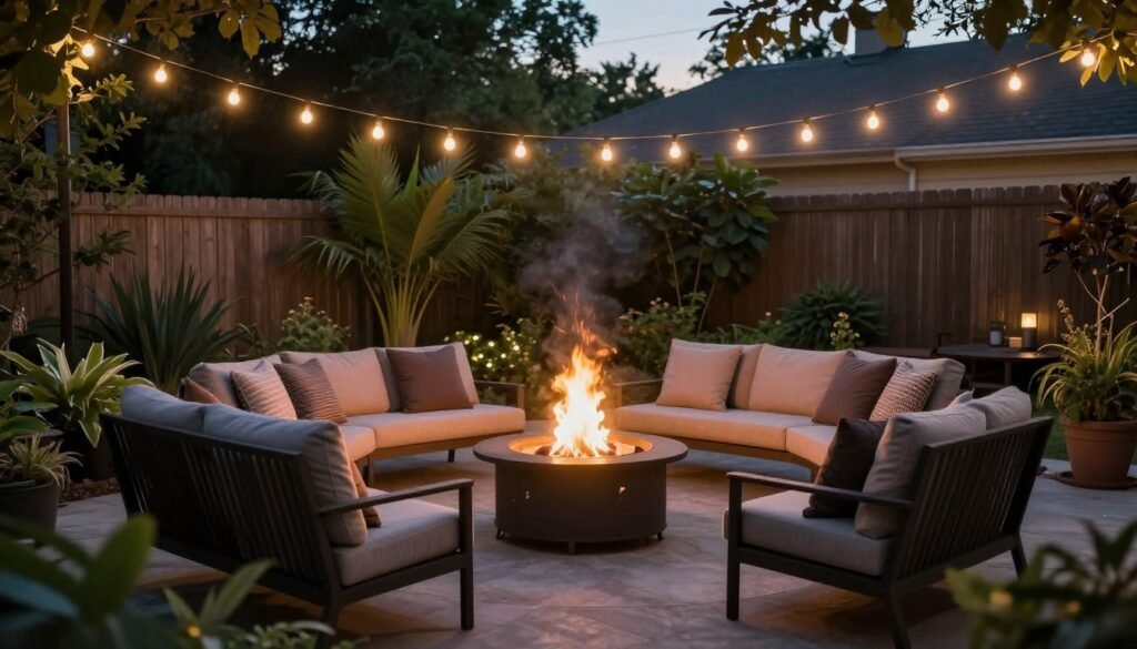 A dreamy backyard fire pit area with comfortable seating arranged in a circle, surrounded by soft lighting A dreamy backyard fire pit area with comfortable seating arranged in a circle, surrounded by soft lighting