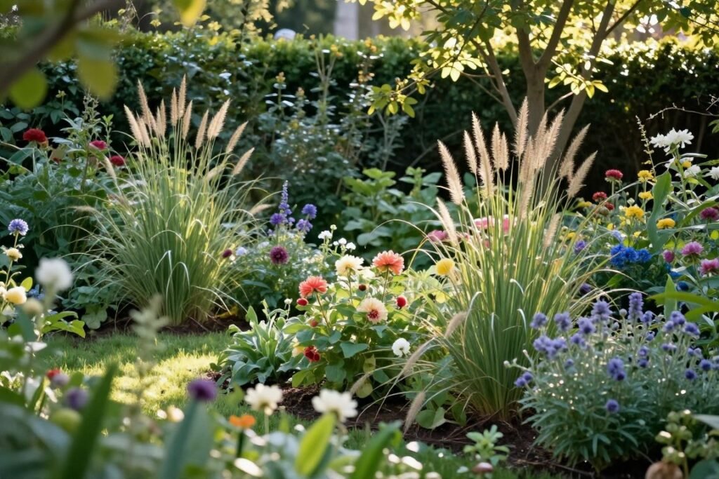 A dreamy backyard garden with lush, layered plantings in various heights creating a magical atmosphere A dreamy backyard garden with lush, layered plantings in various heights creating a magical atmosphere