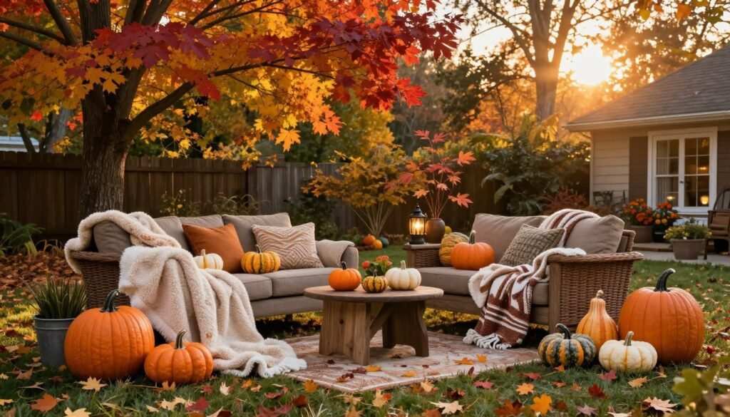 A dreamy backyard in autumn with colorful foliage, pumpkins, and cozy blankets creating a seasonal atmosphere A dreamy backyard in autumn with colorful foliage, pumpkins, and cozy blankets creating a seasonal atmosphere