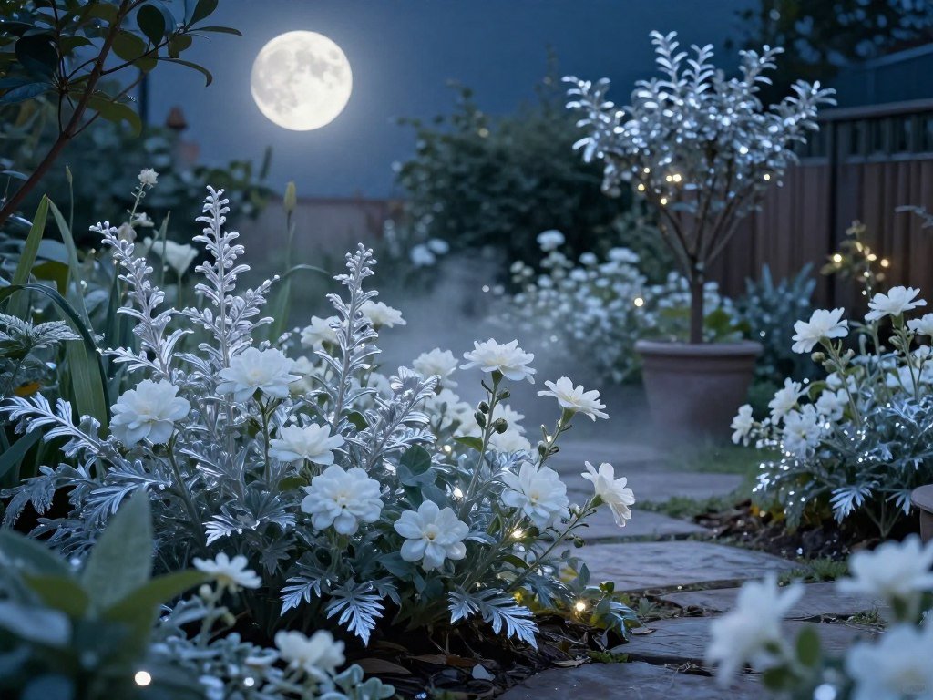 A dreamy backyard moonlight garden with white flowers and silver foliage glowing in evening light A dreamy backyard moonlight garden with white flowers and silver foliage glowing in evening light
