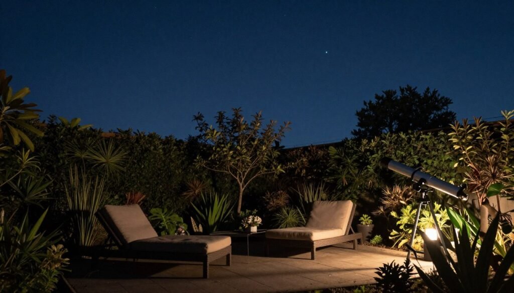 A dreamy backyard stargazing area with comfortable loungers positioned to view the night sky A dreamy backyard stargazing area with comfortable loungers positioned to view the night sky
