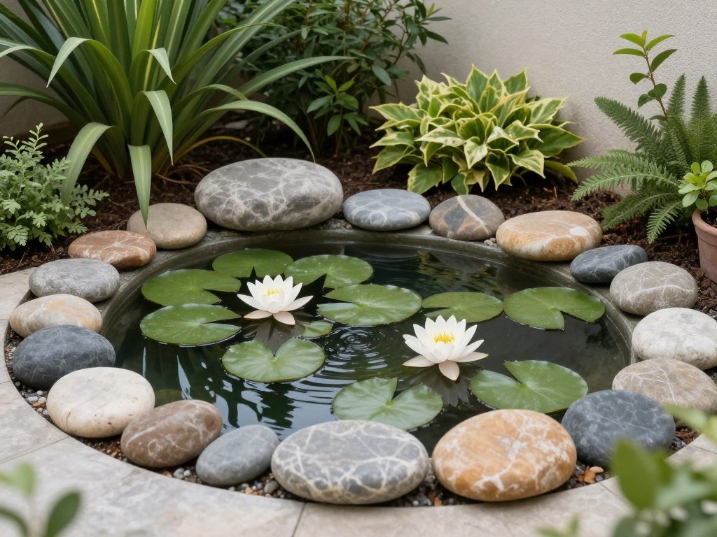 A dreamy backyard water feature with a small pond surrounded by lush plants and smooth stones A dreamy backyard water feature with a small pond surrounded by lush plants and smooth stones