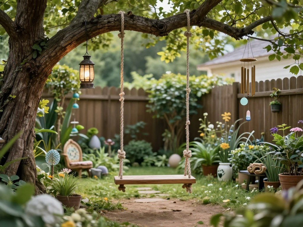 A dreamy backyard with whimsical elements including a rustic swing, vintage lanterns, and decorative accents A dreamy backyard with whimsical elements including a rustic swing, vintage lanterns, and decorative accents
