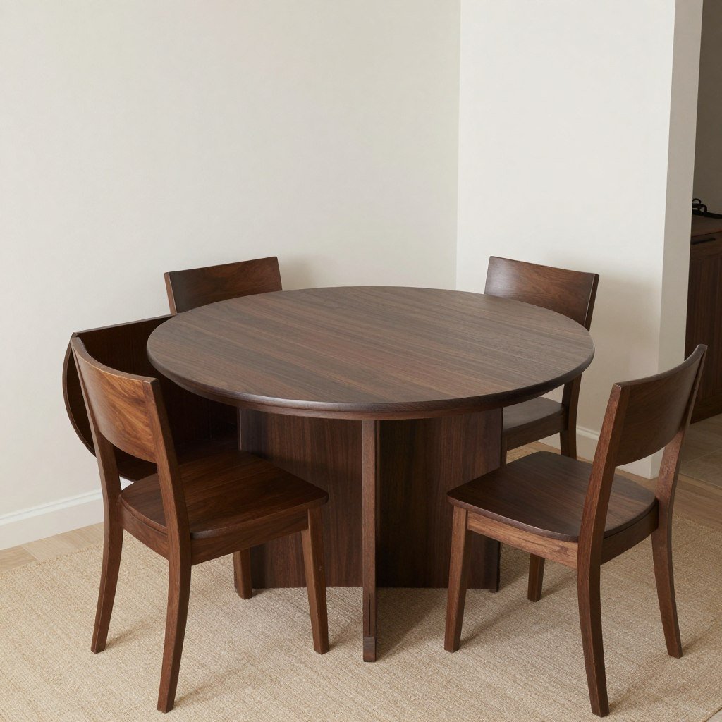 A drop-leaf circle dining table shown in both compact and expanded positions