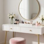A elegantly styled white vanity desk with a round mirror, organized makeup products, and a plush velvet stool in a bright, airy bedroom