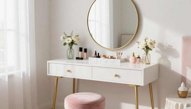 A elegantly styled white vanity desk with a round mirror, organized makeup products, and a plush velvet stool in a bright, airy bedroom