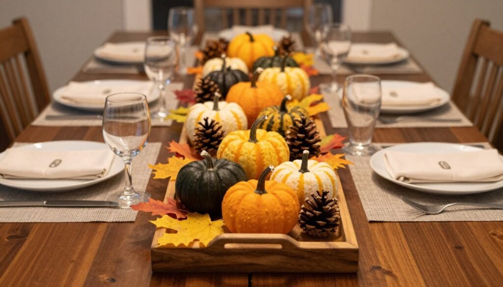 A fall-inspired dining table centerpiece with mini pumpkins, autumn leaves, and natural elements