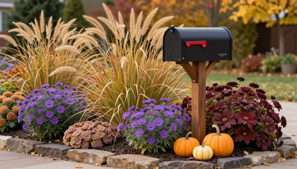 A fall mailbox garden featuring ornamental grasses, sedum, and asters in autumn colors with seasonal decorations