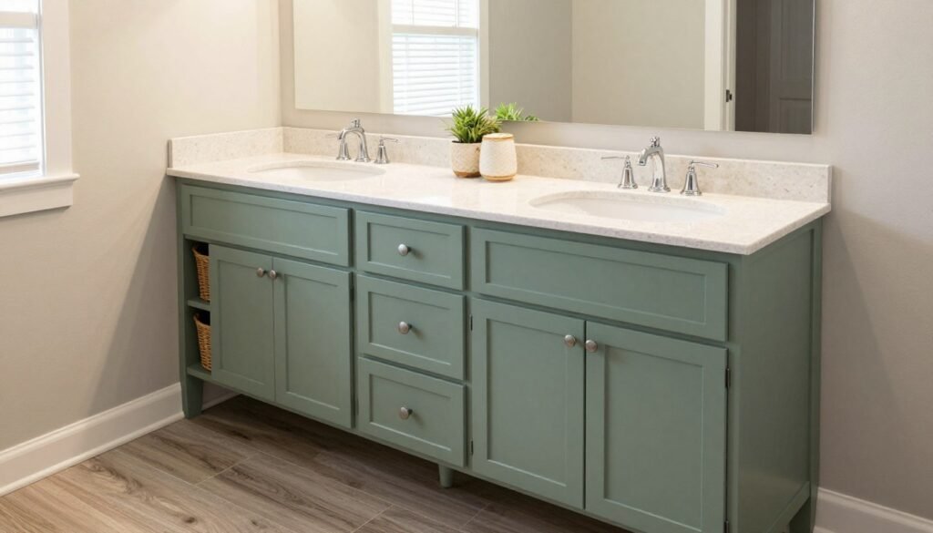 A family bathroom with a durable sage green double vanity showing practical storage solutions