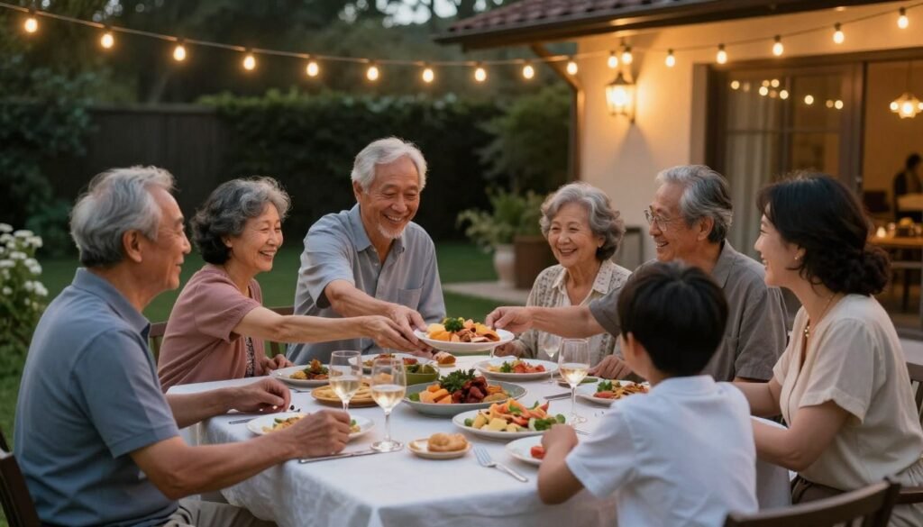 A family enjoying a beautiful evening meal at their patio dining set under string lights A family enjoying a beautiful evening meal at their patio dining set under string lights
