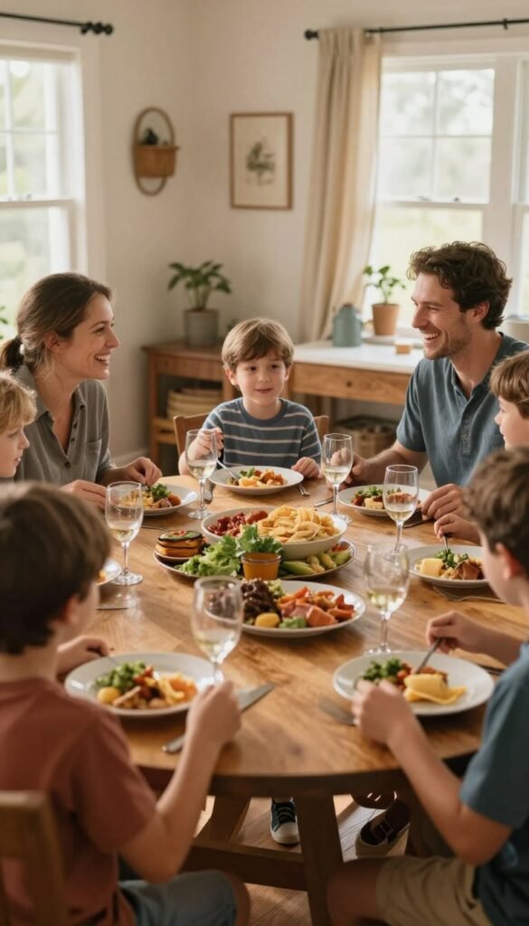 A family enjoying a meal together at a round dining table, creating memories