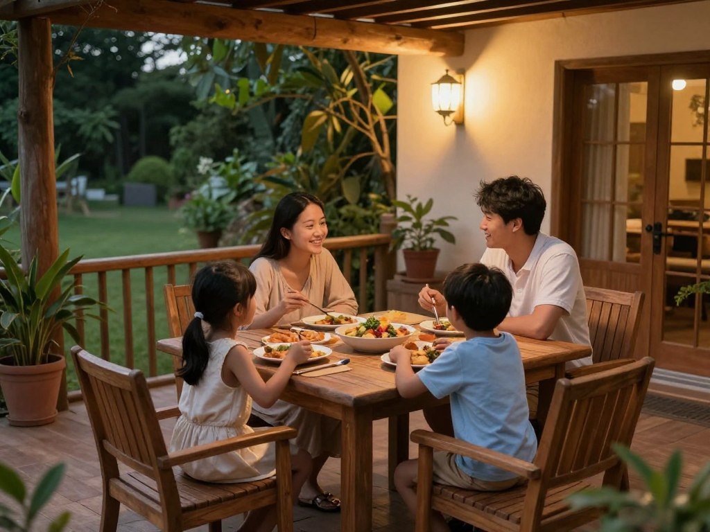 A family enjoying dinner at a wooden patio dining set surrounded by potted plants and garden lighting A family enjoying dinner at a wooden patio dining set surrounded by potted plants and garden lighting