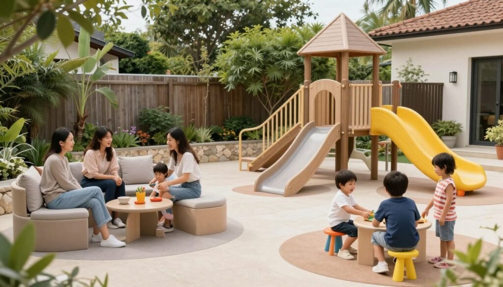 A family enjoying time together in their backyard play space with multiple play zones visible