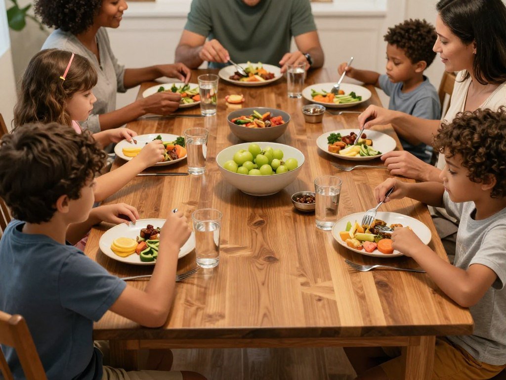 A family gathered around a durable dining room table for a casual meal, showing practical everyday use