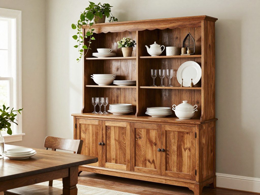 A farmhouse buffet or hutch displaying dishes and decor items A farmhouse buffet or hutch displaying dishes and decor items