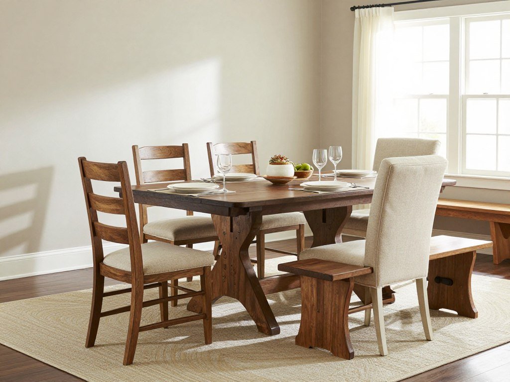 A farmhouse dining set with mixed seating including wooden chairs and a bench