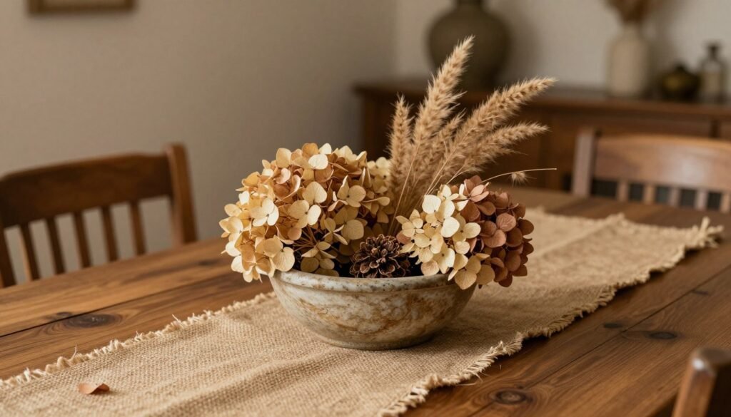 A farmhouse dining table with a rustic centerpiece featuring a dough bowl filled with dried hydrangeas, pampas grass, and textural elements on a burlap runner