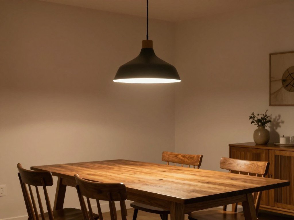 A farmhouse dining table with perfect pendant lighting showing proper height and proportion