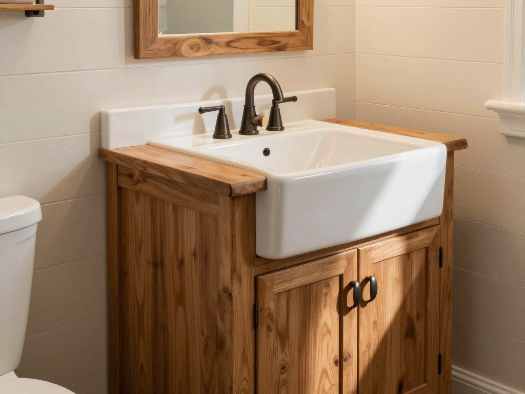 A farmhouse style bathroom vanity with shaker cabinets, a farmhouse sink, and vintage-inspired fixtures against shiplap walls