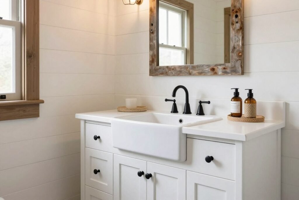 A farmhouse-style bathroom with a white-painted wood bathroom vanity and black hardware