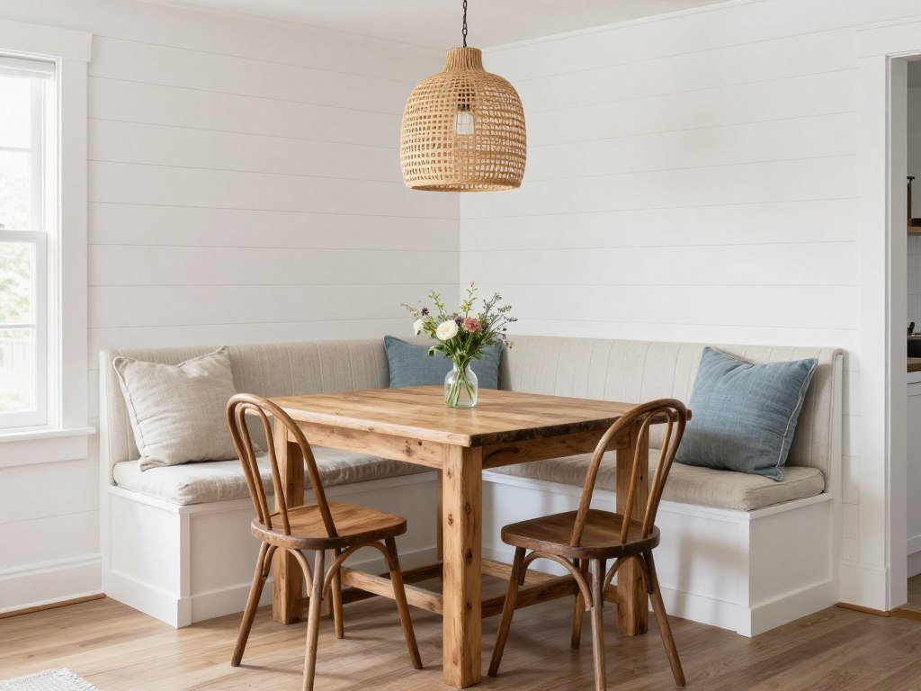 A farmhouse-style corner dining nook with shiplap walls, wooden table, and mixed seating A farmhouse-style corner dining nook with shiplap walls, wooden table, and mixed seating