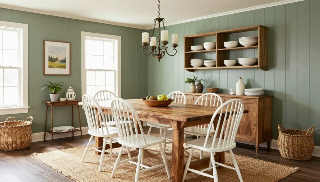 A farmhouse style green dining room with rustic elements and natural textures