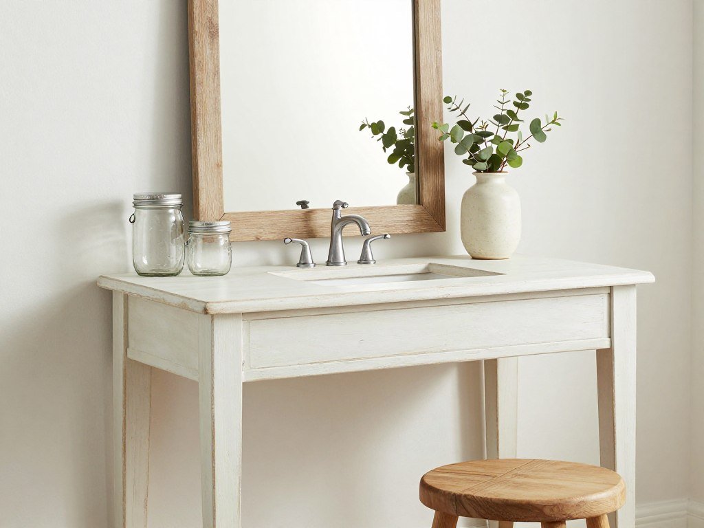 A farmhouse-style vanity with distressed wood, simple lines, and rustic accessories