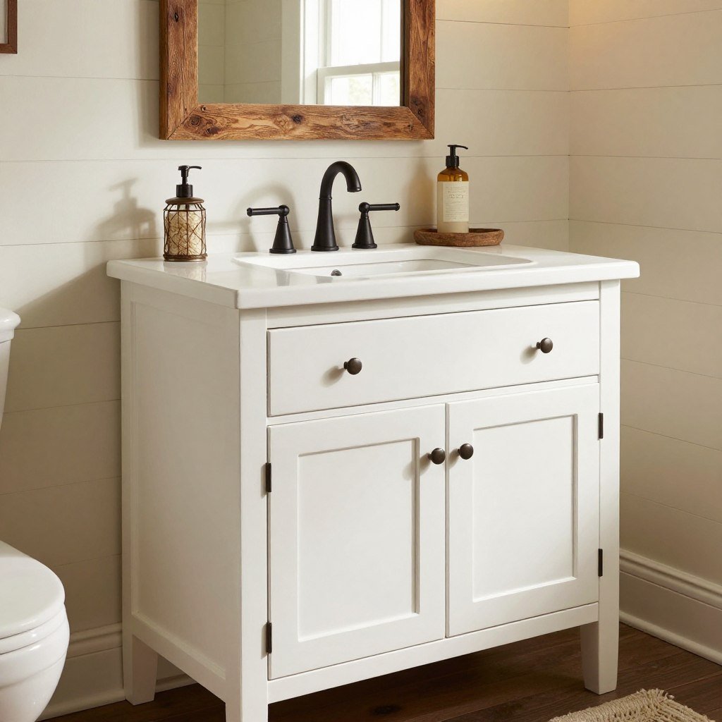 A farmhouse style white bathroom vanity with shaker doors and rustic elements