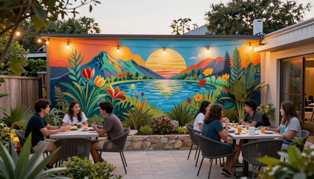 A finished backyard with a beautiful mural as its focal point, with people enjoying the transformed space, showcasing the impact of backyard mural ideas