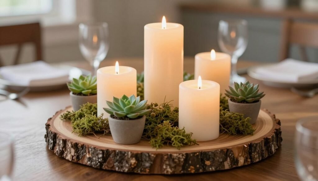 A finished wood slice centerpiece with pillar candles of varying heights, small succulents, and decorative moss