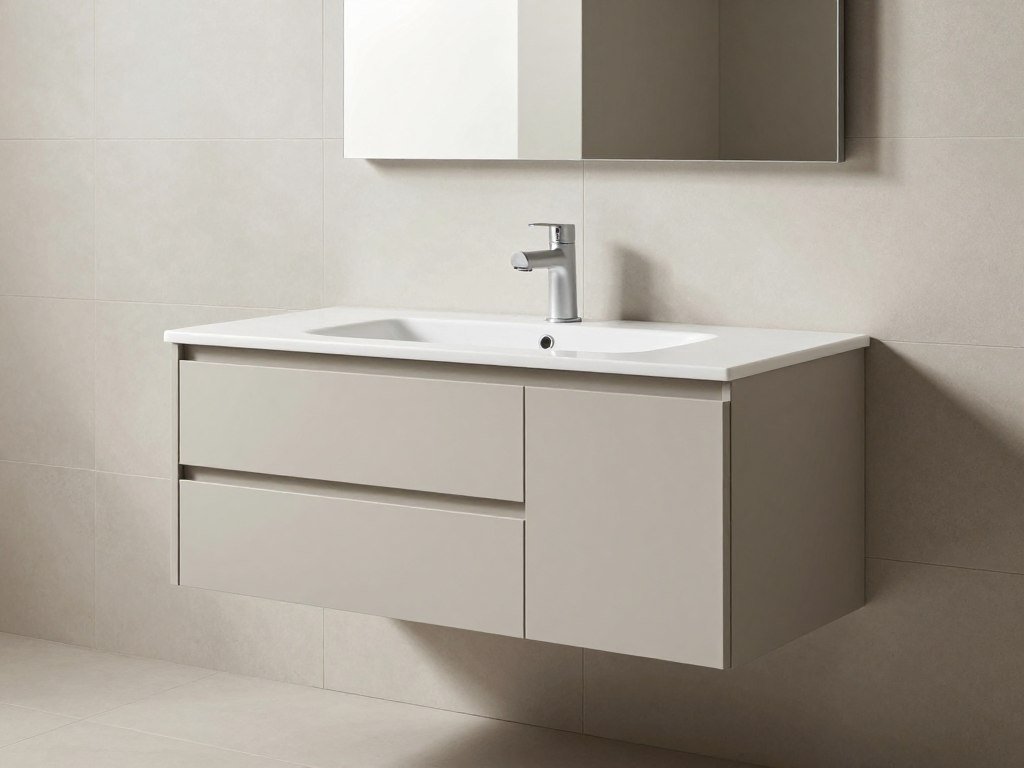 A floating modern bathroom vanity with handleless drawers, integrated sink, and minimalist fixtures against a backdrop of large format tiles