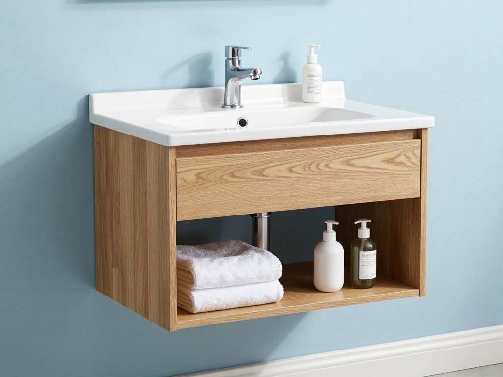 A floating small vanity combining closed drawers with open shelving