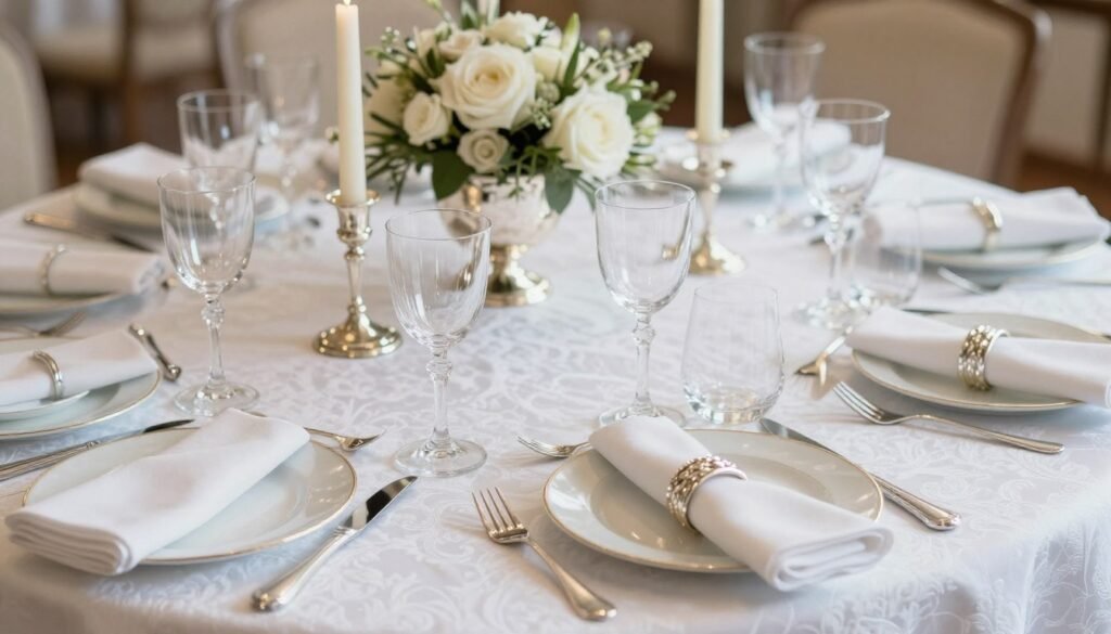 A formal dinner table setting with fine china, crystal glassware, and elegant taper candles