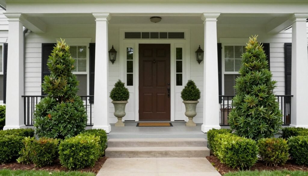 A formal front porch with perfectly symmetrical landscaping featuring boxwood shrubs and topiaries