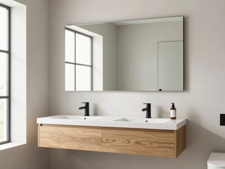 A frameless rectangular mirror mounted above a floating wooden vanity in a minimalist bathroom with matte black fixtures