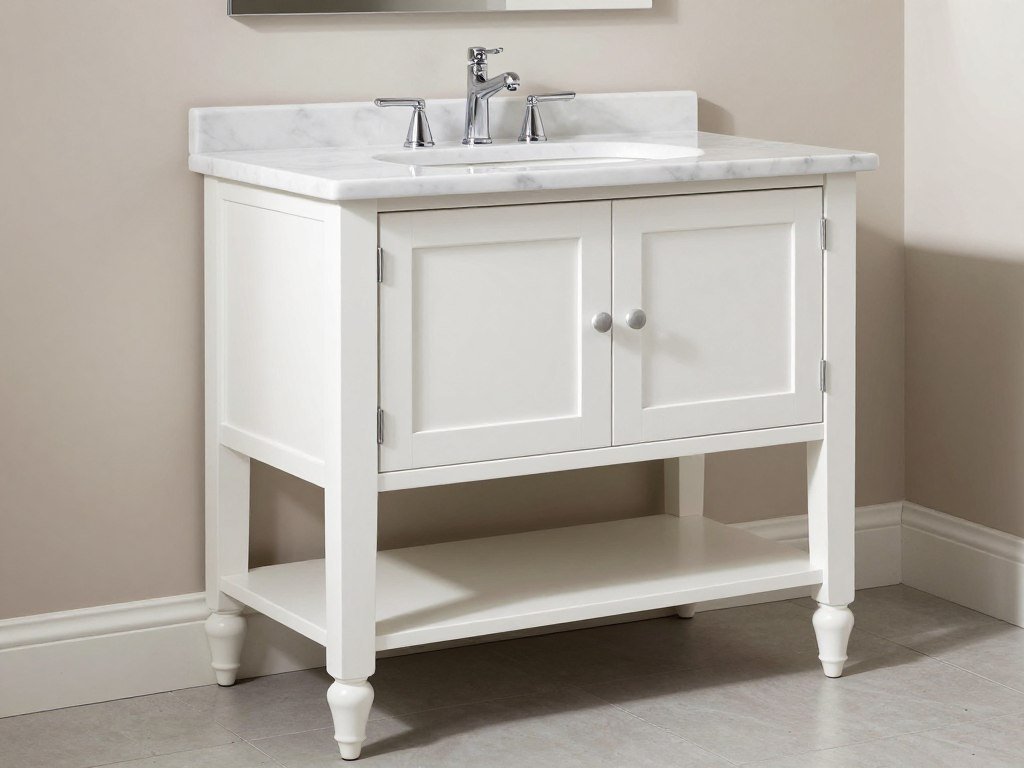A freestanding white bathroom vanity with legs and open shelf