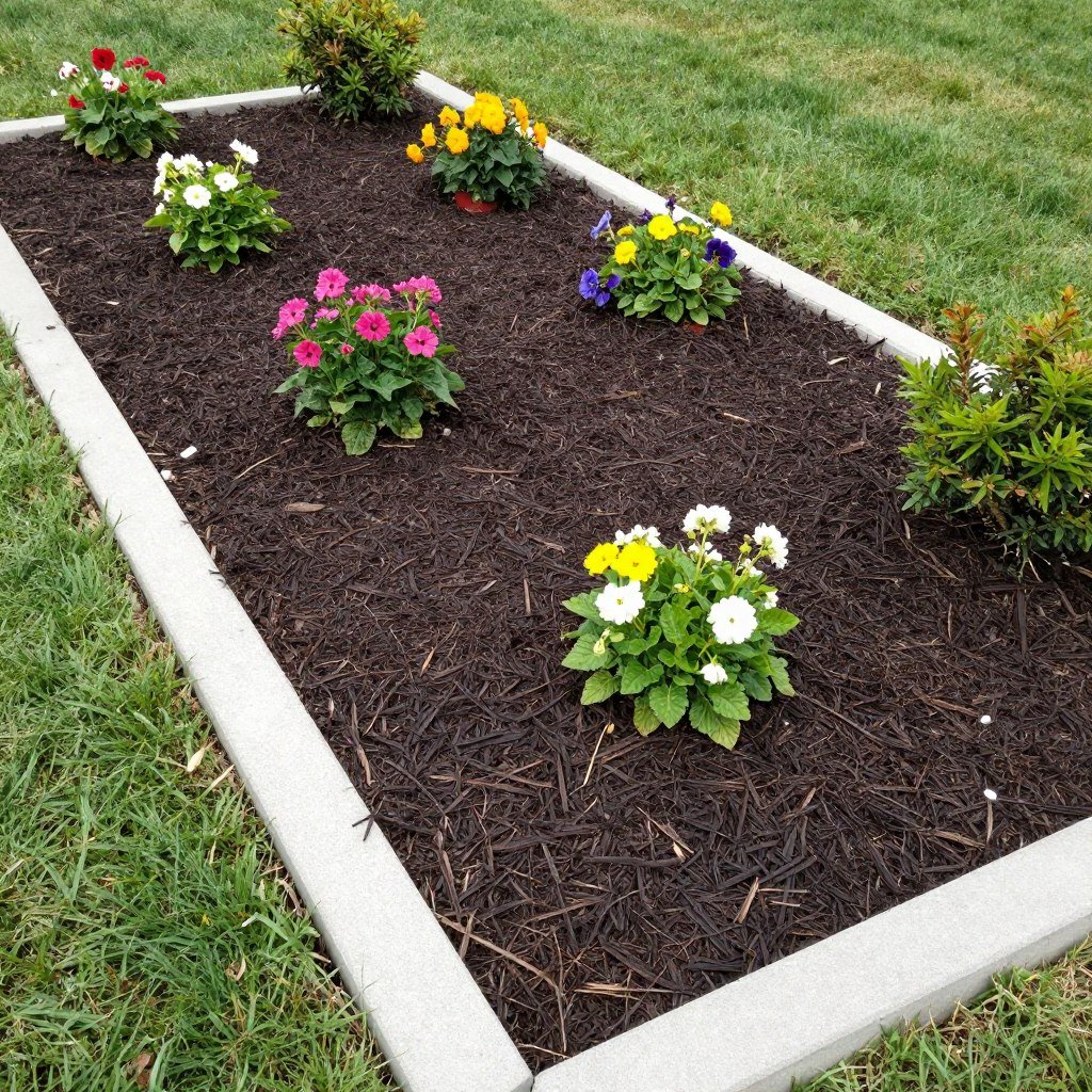 A freshly mulched garden bed with new plants as part of a DIY landscaping project