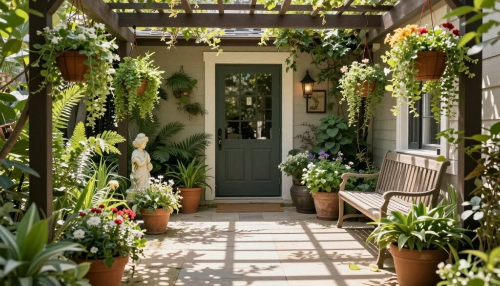 A front patio surrounded by lush plants, hanging baskets, and garden elements creating a green oasis