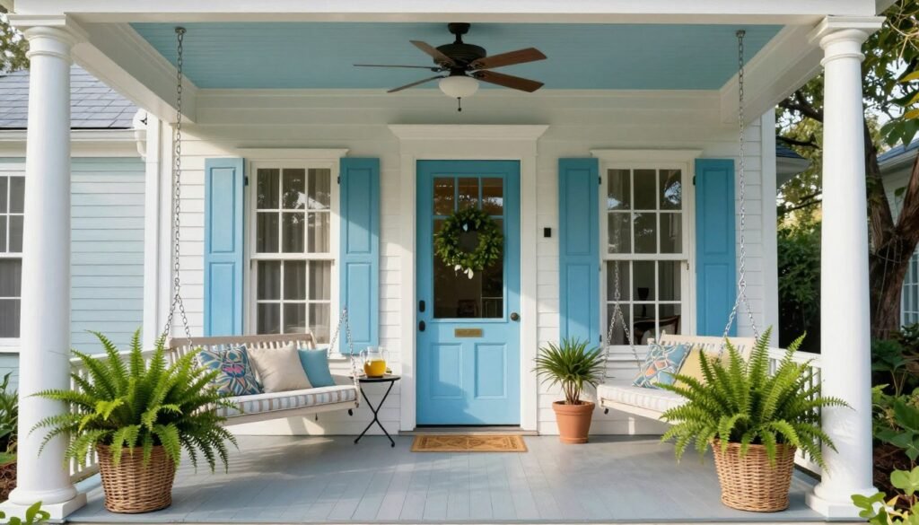 A front patio with Southern charm featuring a porch swing, ceiling fan, and classic elements