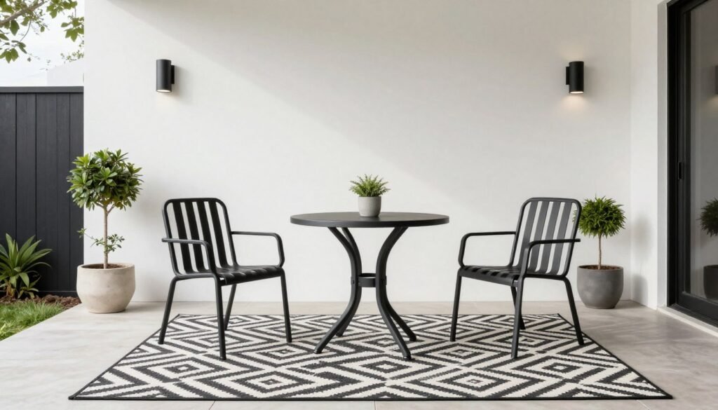 A front patio with a bistro set, geometric patterns, and minimalist decor elements